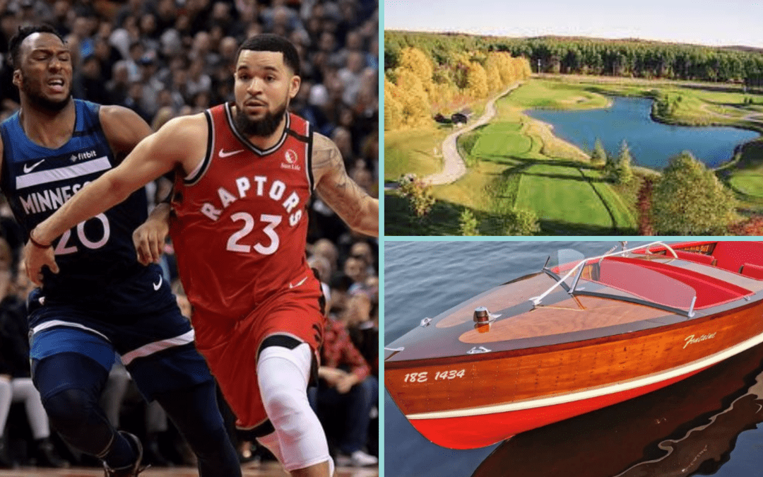 collage: image 1-fred vanvleet playing bball, image two golf course, image three wooden boat