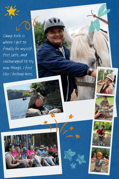 A Camp Kirk camper gently holding a blue dragonfly